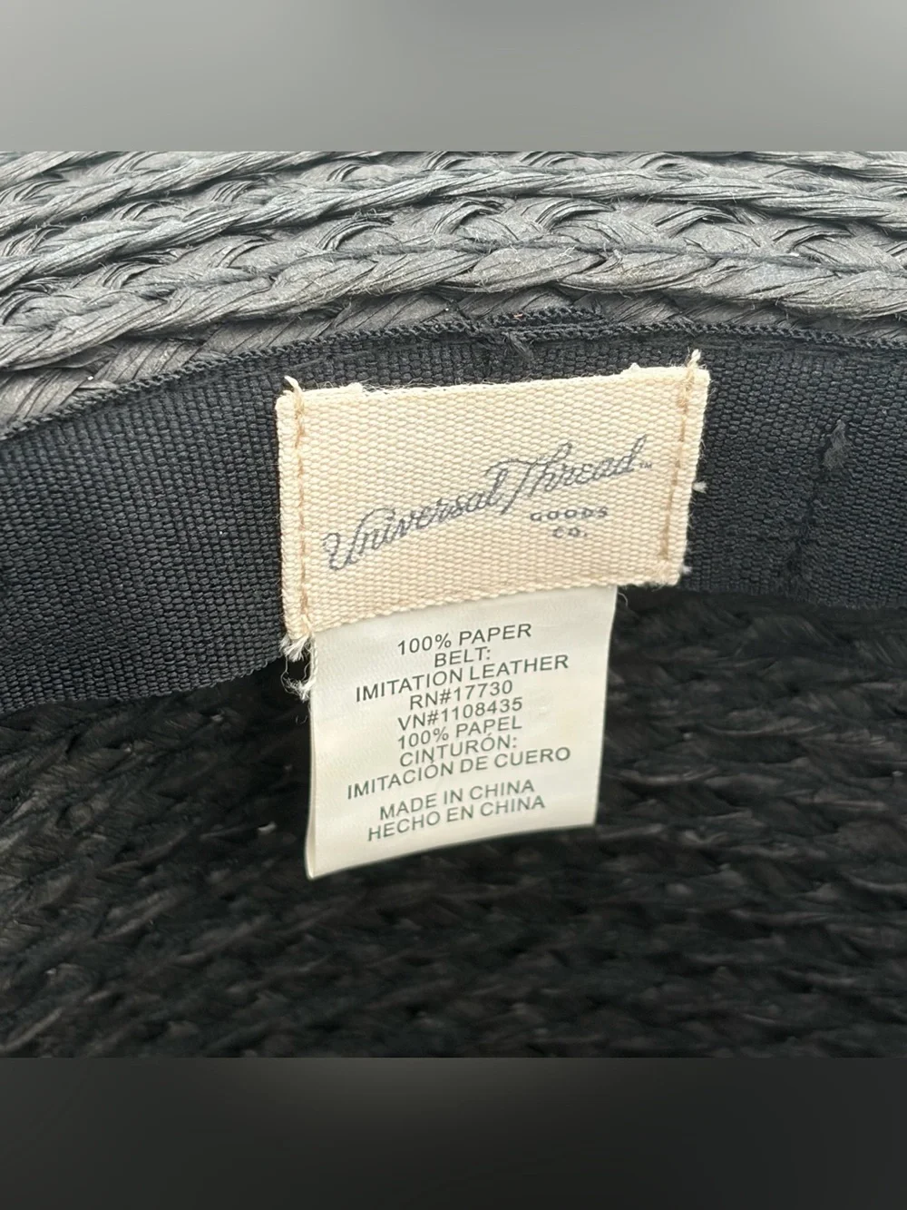 Black Wide Brim Straw Sun Hat with Brown Chin Cord